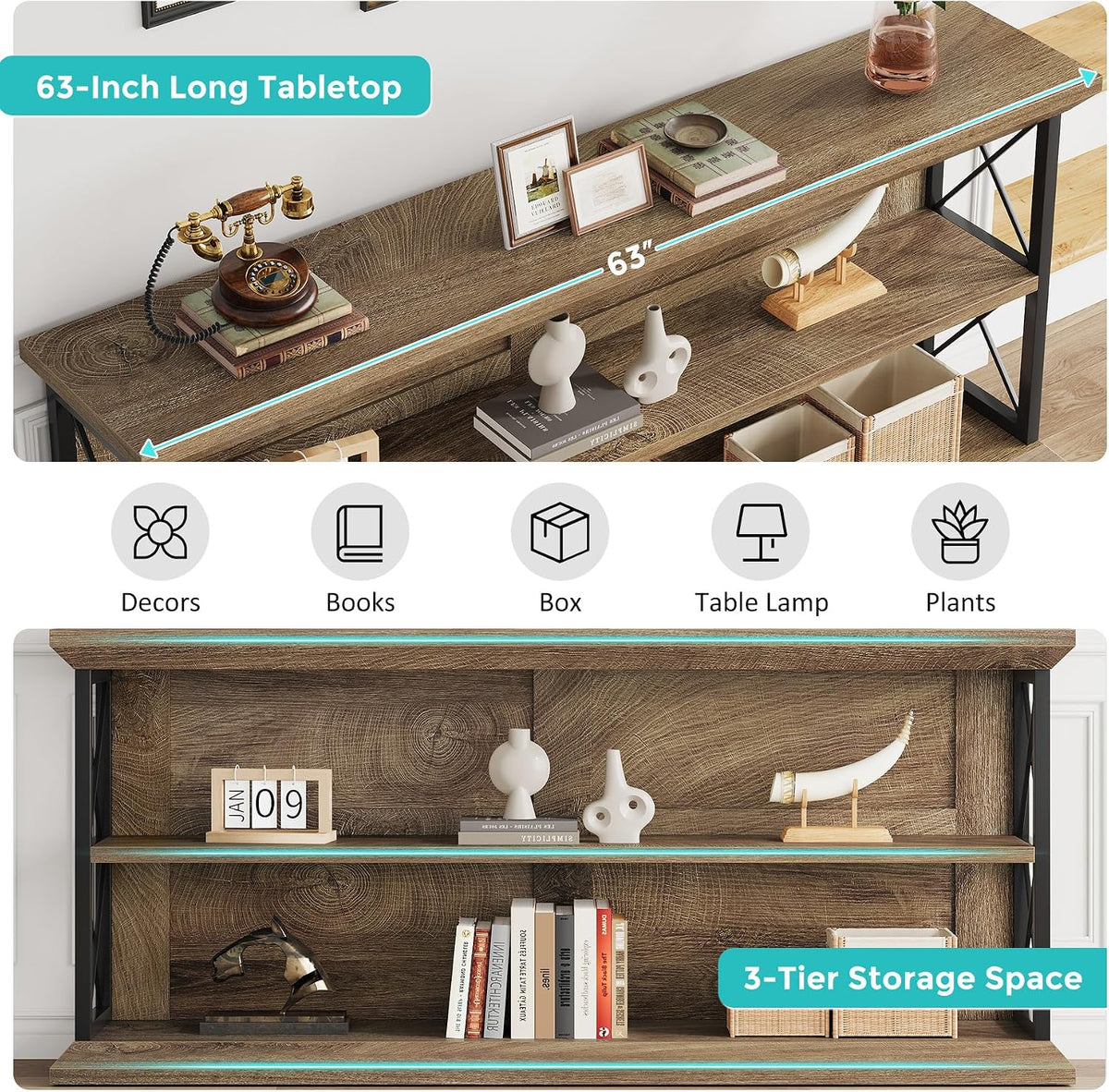 63" Entryway Console Table with 3-Tier Storage Shelf, Behind Couch