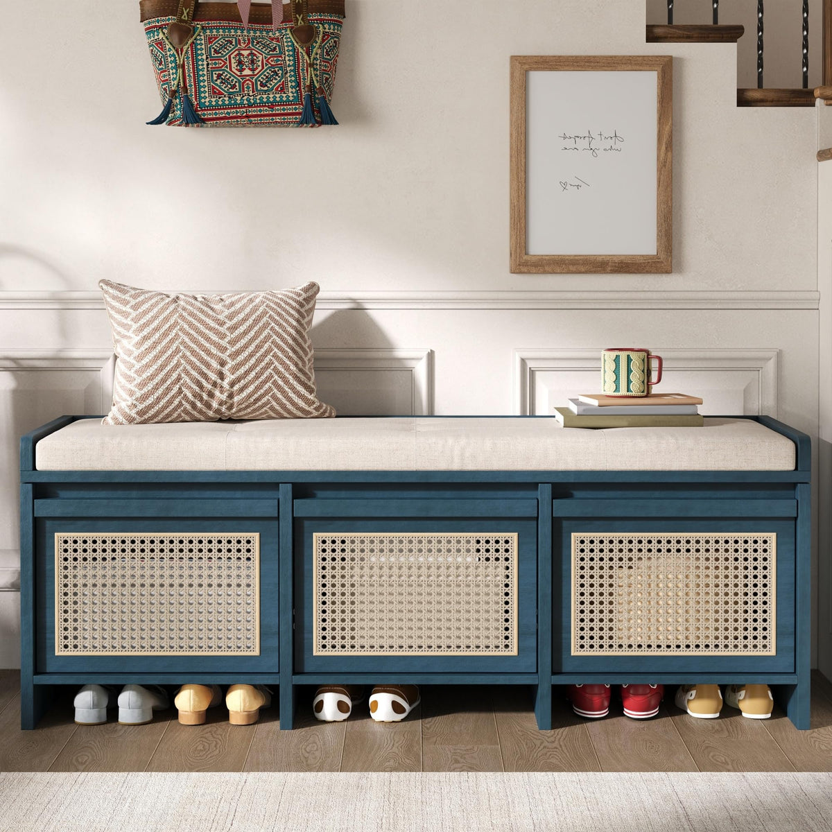 48" Entryway Storage Bench with 3 Rattan Drawers，Natural