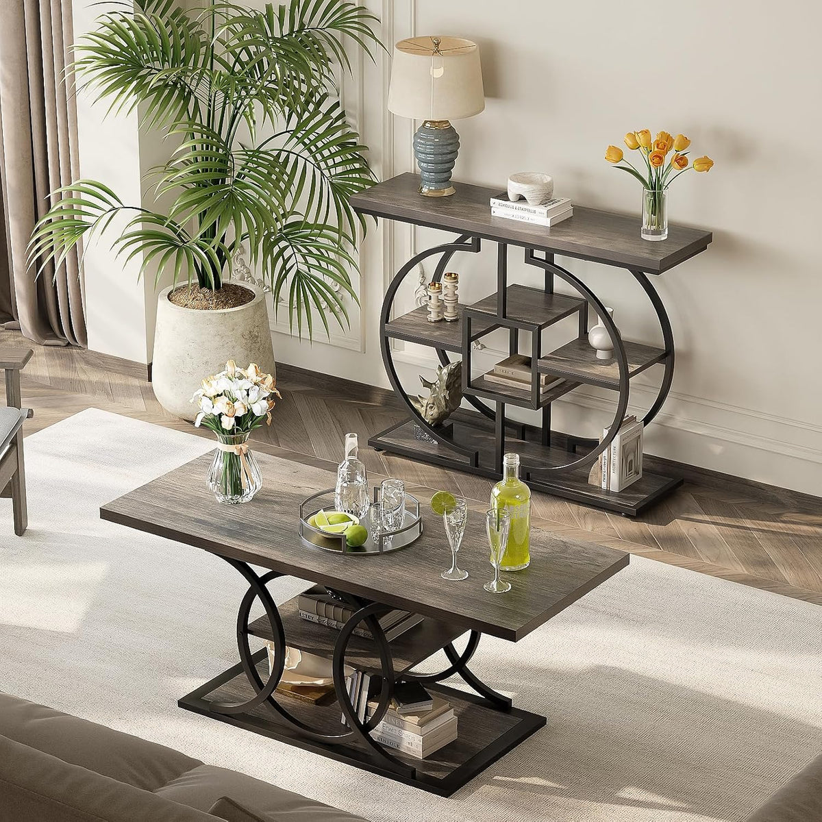 GiftGo Narrow Console Table for Entryway Industrial 4-Tier Sofa Table Behind Couch with Circle Base Rustic Wooden Accent Tables with Storage Shelves for Living Room, Hallway, Foyer (Grey)
