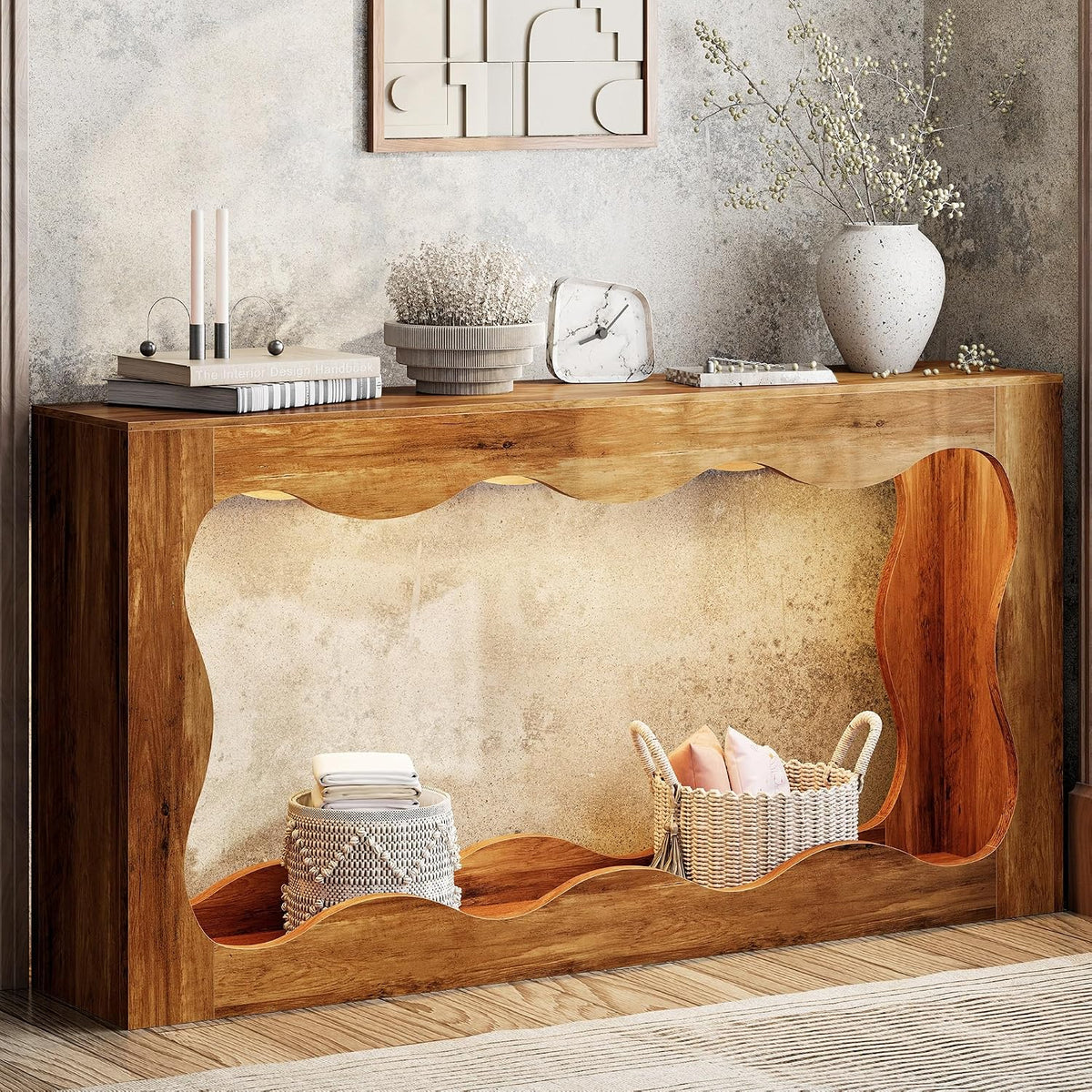 Shintenchi 63" Farmhouse Console Table with Storage & LED Light, Brown