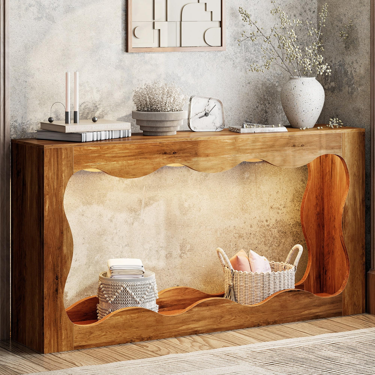Shintenchi 63" Farmhouse Console Table with Storage & LED Light, Brown