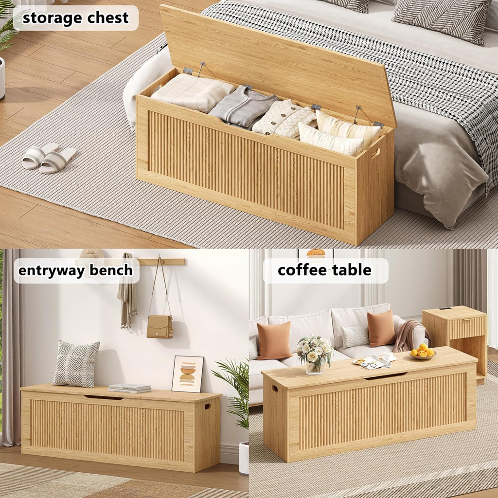 Akxomel 51.2" Fluted Storage Chest Wooden Storage Trunk 2 Safety Hinges Oak