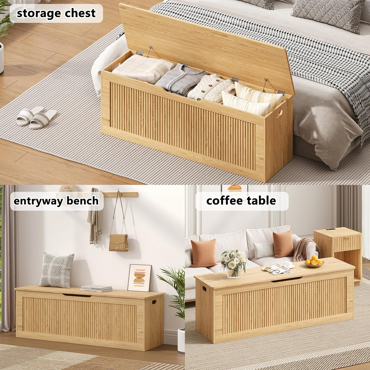 Akxomel 51.2" Fluted Storage Chest Wooden Storage Trunk 2 Safety Hinges Oak