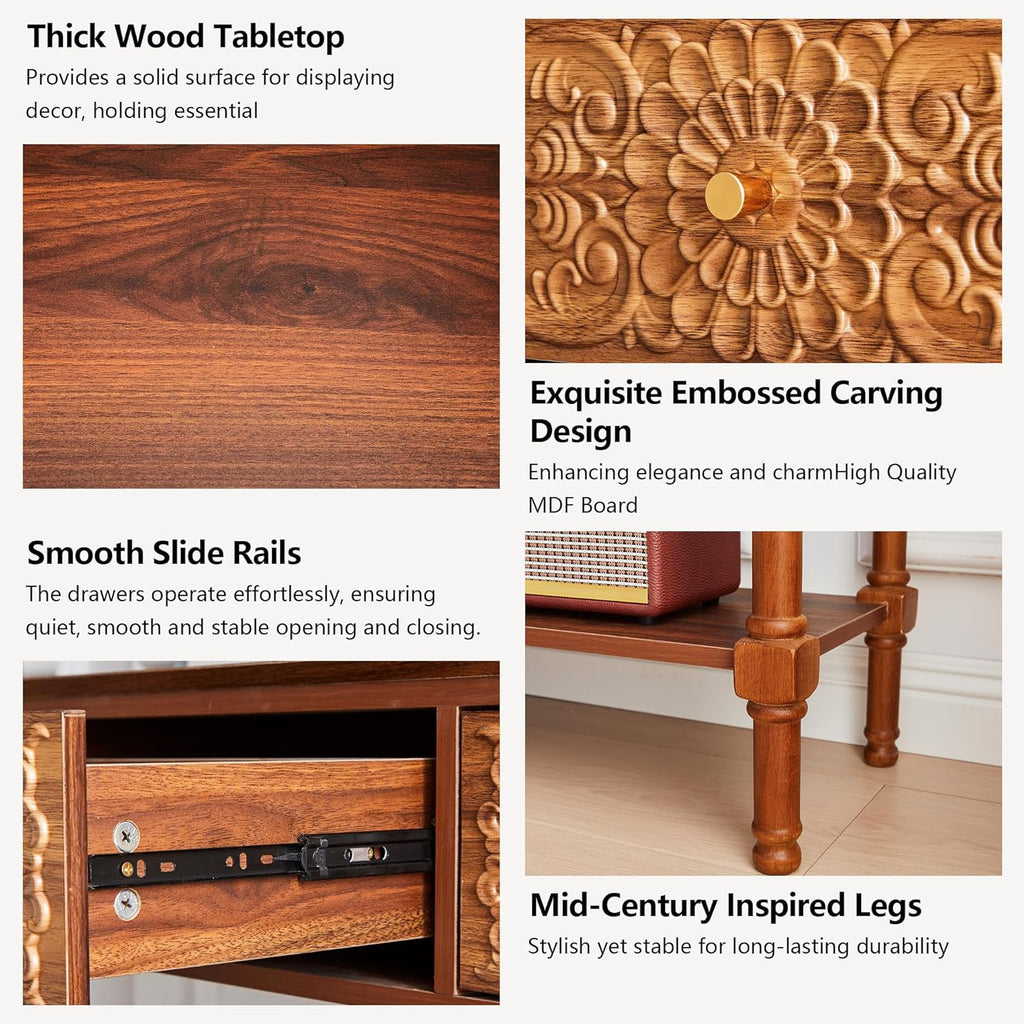 weselon 55.5" Carved Console Table with 3 Drawers, 2-Tier Sofa Table with Glossy Floral Surface and Solid Wood Legs, Mid-Century Modern Entryway Table for Living Room Hallway (Walnut)