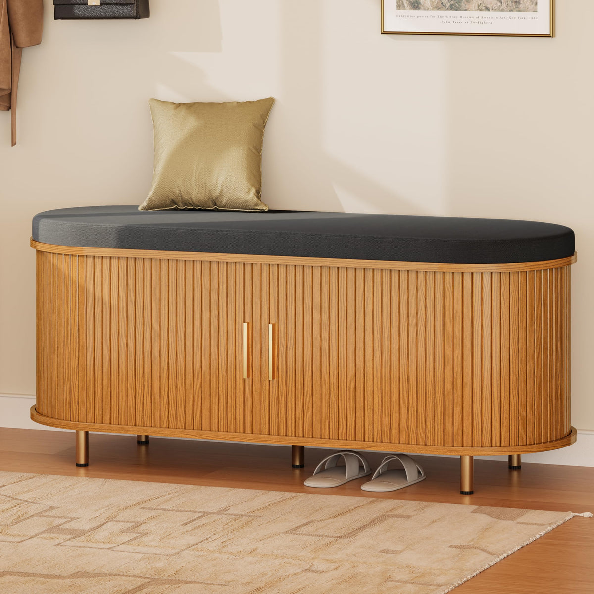 DHH 2-Tier Storage Bench,Wide Shoe Bench with Thickened Padded Seat Cushion, Mid Century Modern Fluted Sliding Door and Adjustable Shelf, for Entryway, Living Room, Bedroom (Walnut, 43.3“)