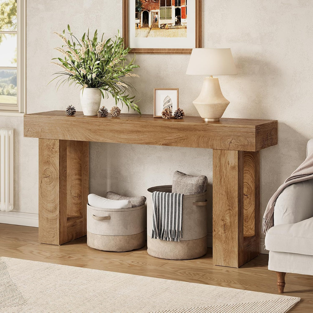 LITTLE TREE 63 Inches Long Sofa Table, Farmhouse Console Table for Entryway, Wooden Sofa Table for Living Room, Behind Couch Table, Rectangle Hallway Foyer Table for Entrance, Oak