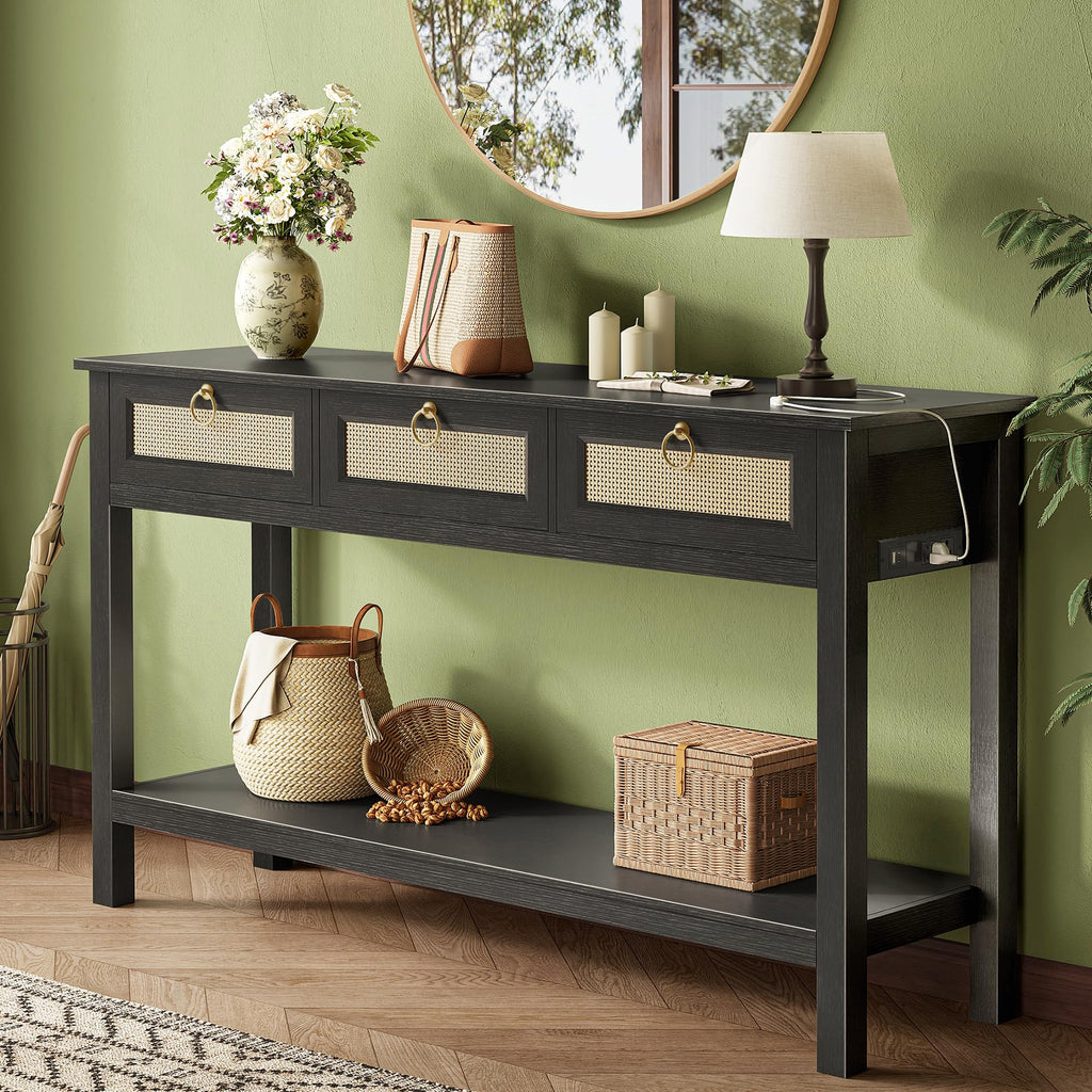 SUPERJARE Rattan Console Sofa Table with Outlets, USB-C Port and 3 Drawers