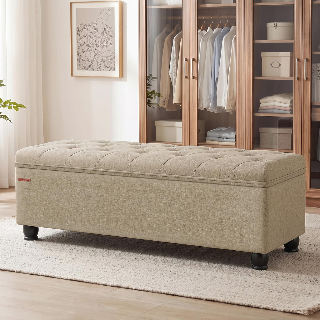SONGMICS Storage Ottoman, 48 Inches Long Bed End Stool, Solid Wood Legs