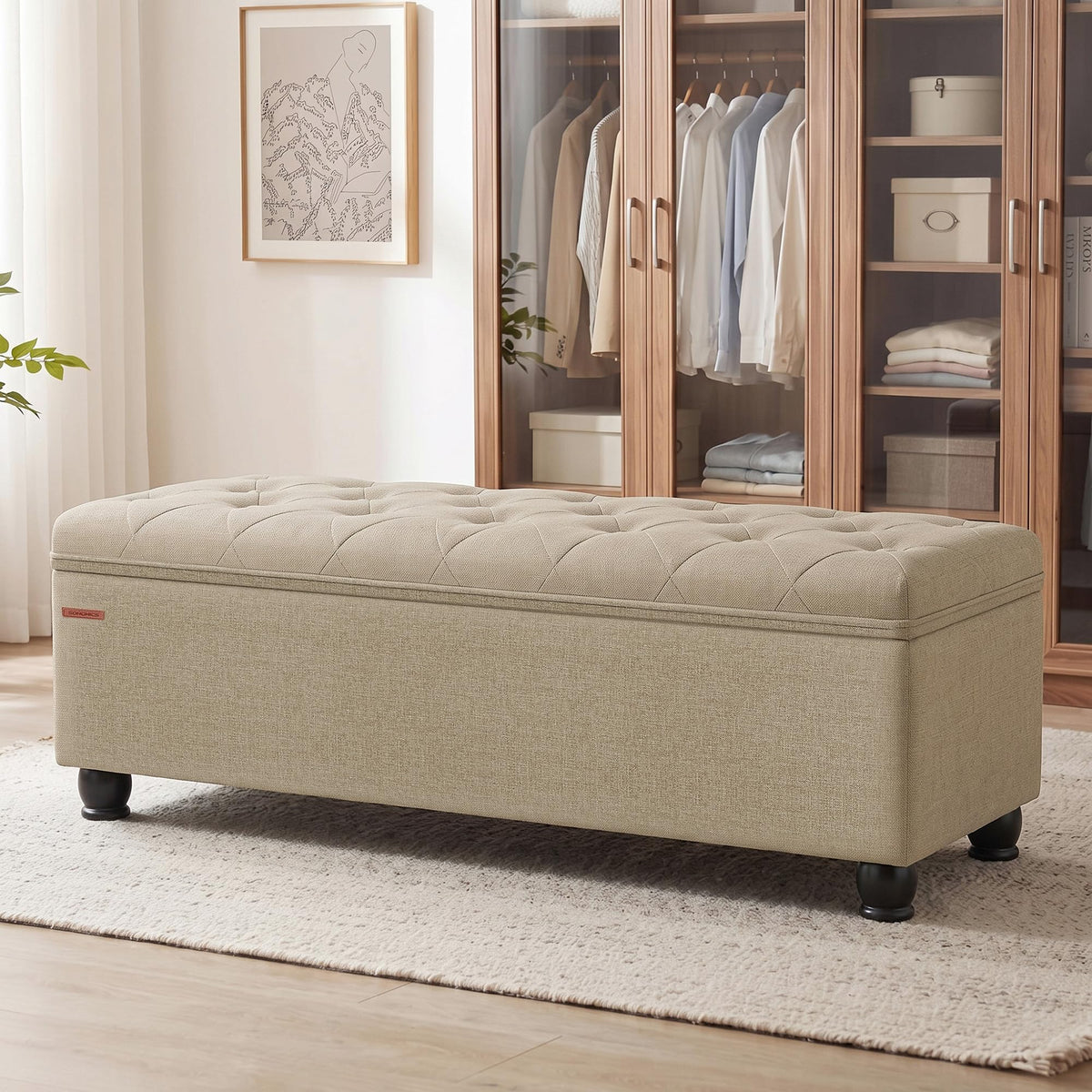 SONGMICS Storage Ottoman, 48 Inches Long Bed End Stool, Solid Wood Legs