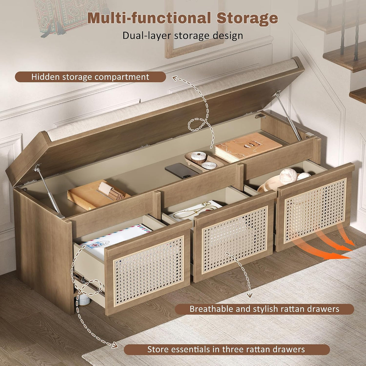48" Entryway Storage Bench with 3 Rattan Drawers，Natural
