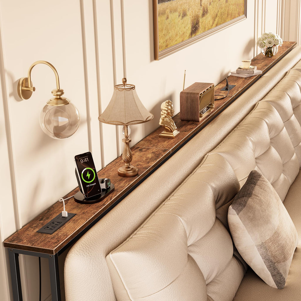 Huuger 118 Inch Sofa Table with Power Outlets, Skinny Behind Couch Table