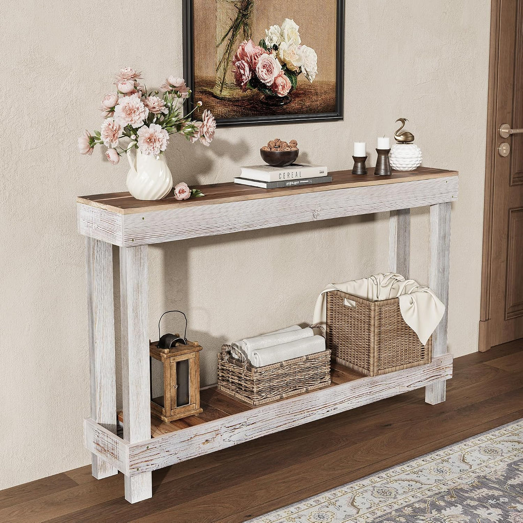 SMARTSTANDARD 46" Long Farmhouse Console Table, Solid Wood, Classic White