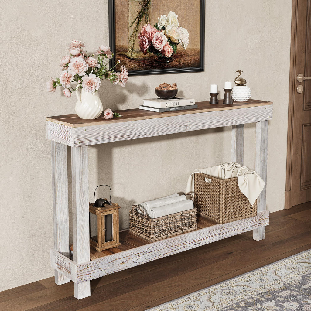 SMARTSTANDARD 46" Long Farmhouse Console Table, Solid Wood, Classic White