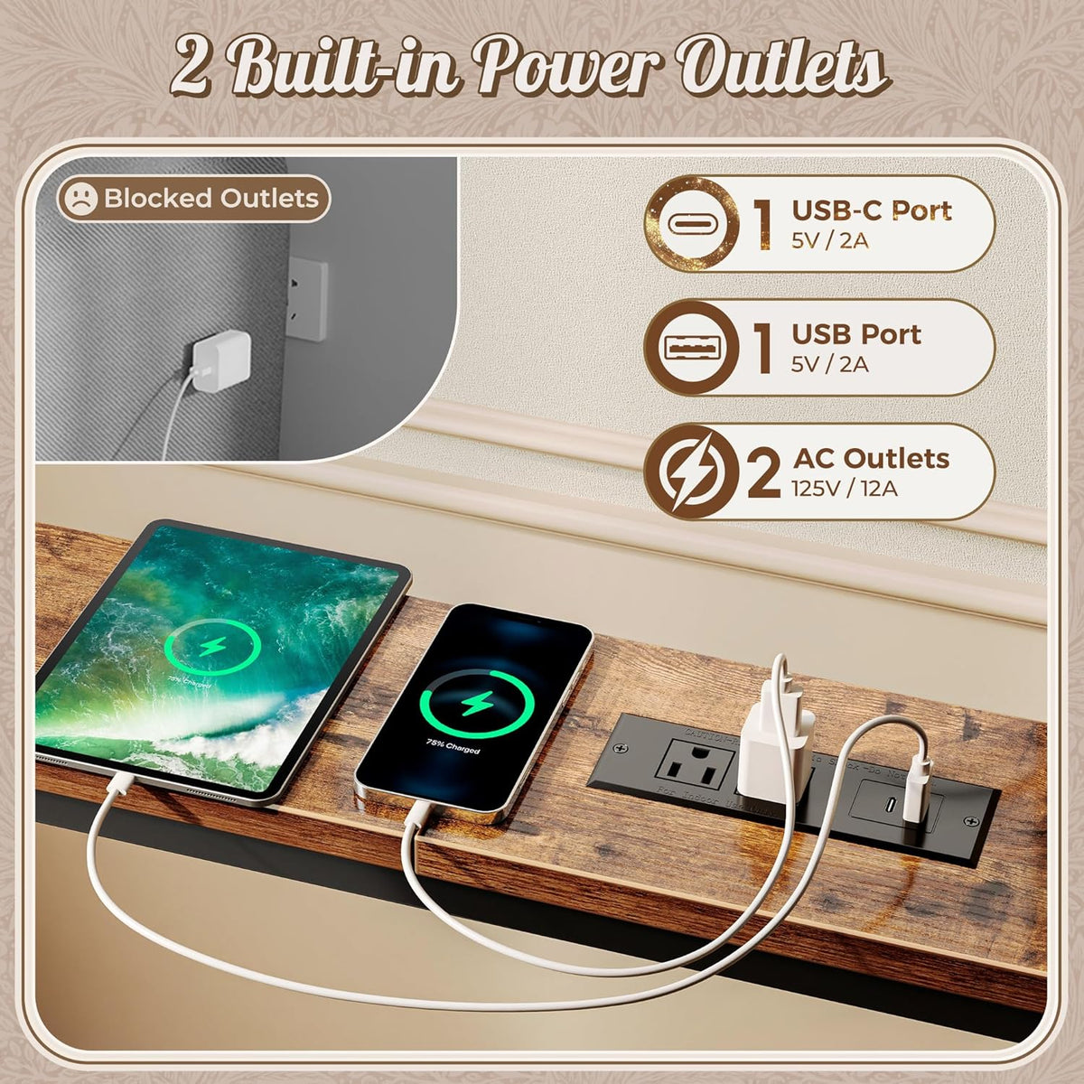 Huuger 78.7 Inch Height Adjustable Behind Couch Table with Power Outlets, 23.9’’-34.4’’ Range, Sofa Tables Narrow Long with USB-C Ports, Skinny Console Table, for Small Spaces, Rustic Brown