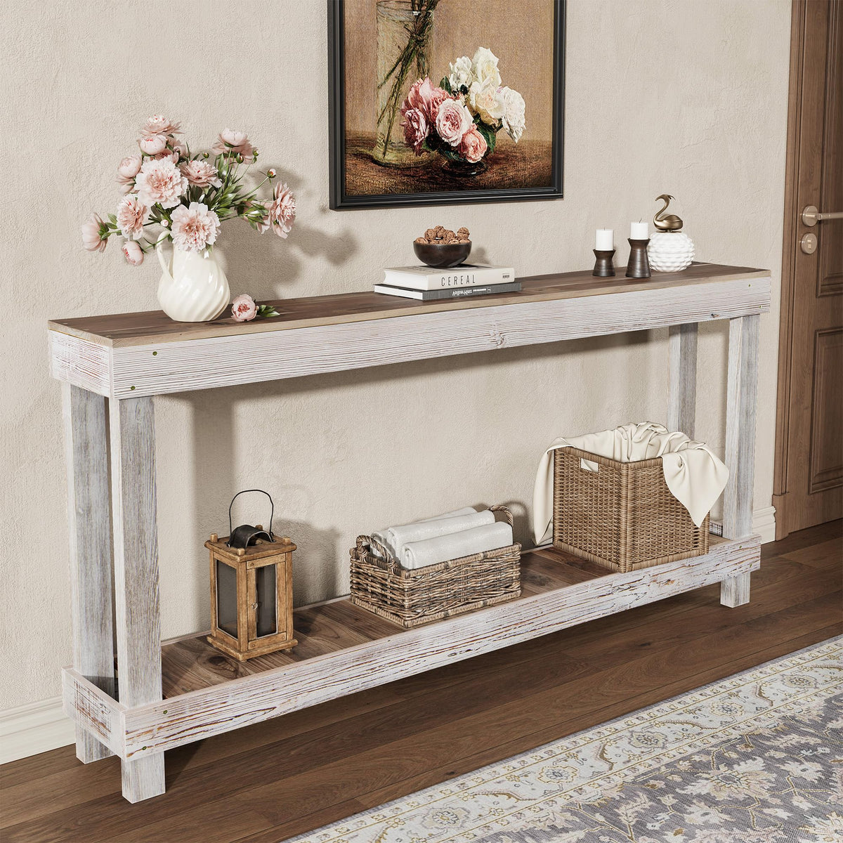 SMARTSTANDARD 46" Long Farmhouse Console Table, Solid Wood, Classic White