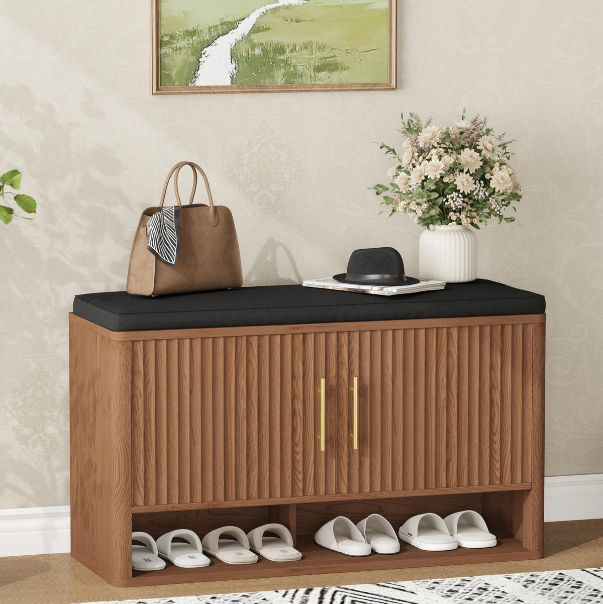 Fluted Shoe Storage Bench, Entryway Bench with Adjustable Shelves