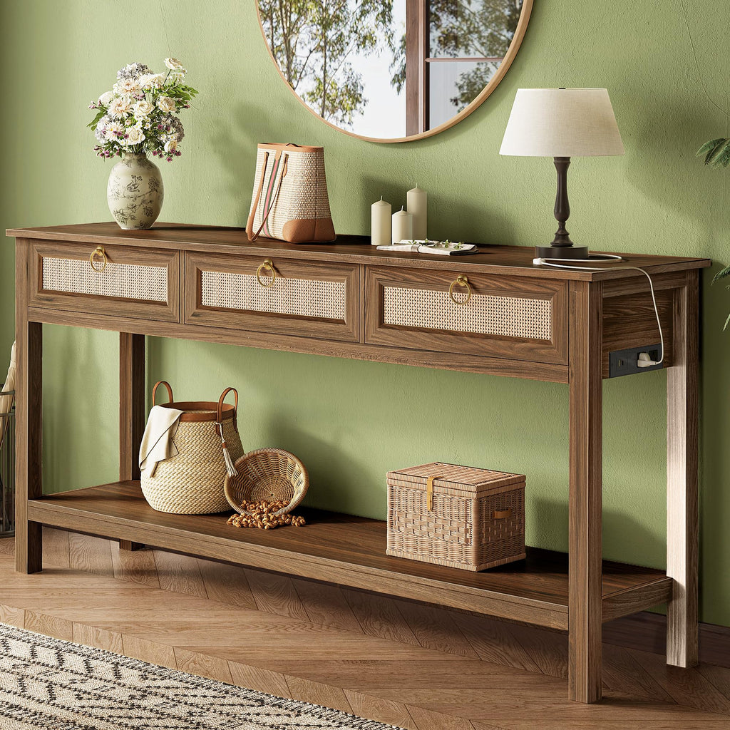 SUPERJARE Rattan Console Sofa Table with Outlets, USB-C Port and 3 Drawers