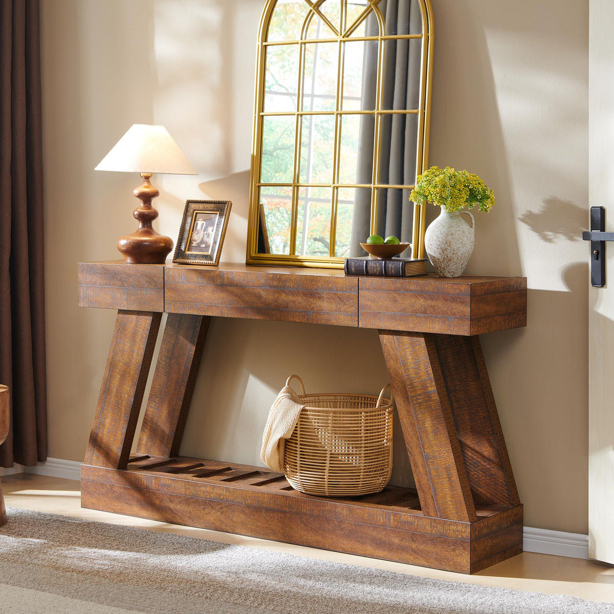 60" Entryway Table with Drawer Wooden Hallway Table with Heavy Duty Base