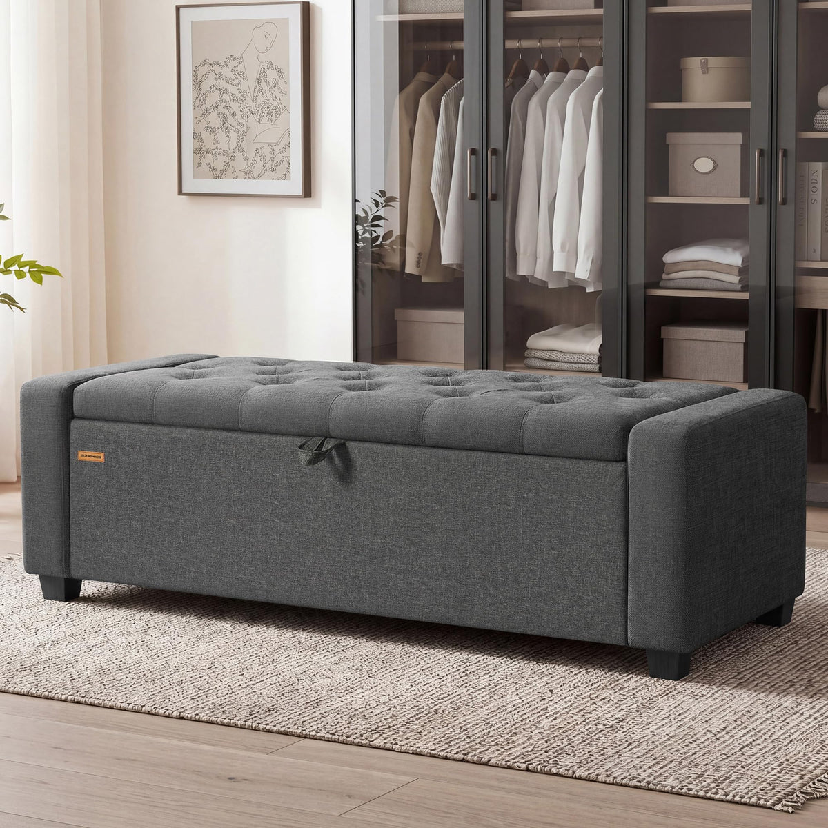 SONGMICS Storage Ottoman, 48 Inches Long Bed End Stool, Solid Wood Legs