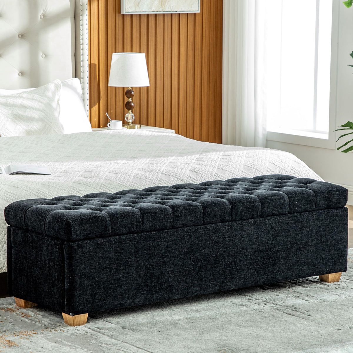60.24" Bedside Ottoman Bench with Storage,Button Tufted Storage Benches for Bed End,Chenille Bench with Seating and Storage for Entryway,Bedroom,Living Room,Window (Beige, 60.24)