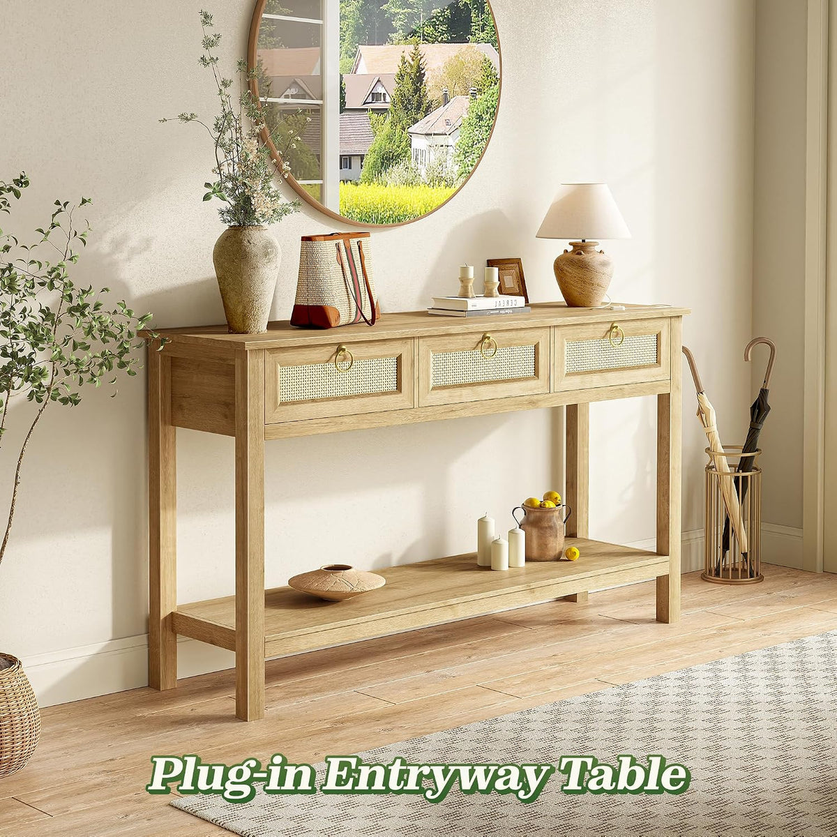 SUPERJARE Rattan Console Sofa Table with Outlets, USB-C Port and 3 Drawers