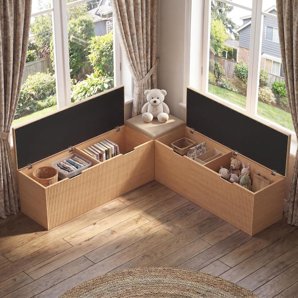 Merapi L-Shaped Storage Bench, Natural Wood Corner Bench with Storage