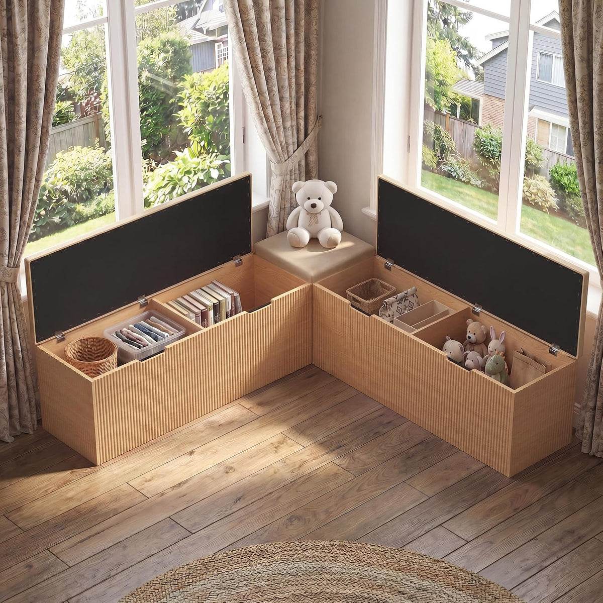 Merapi L-Shaped Storage Bench, Natural Wood Corner Bench with Storage