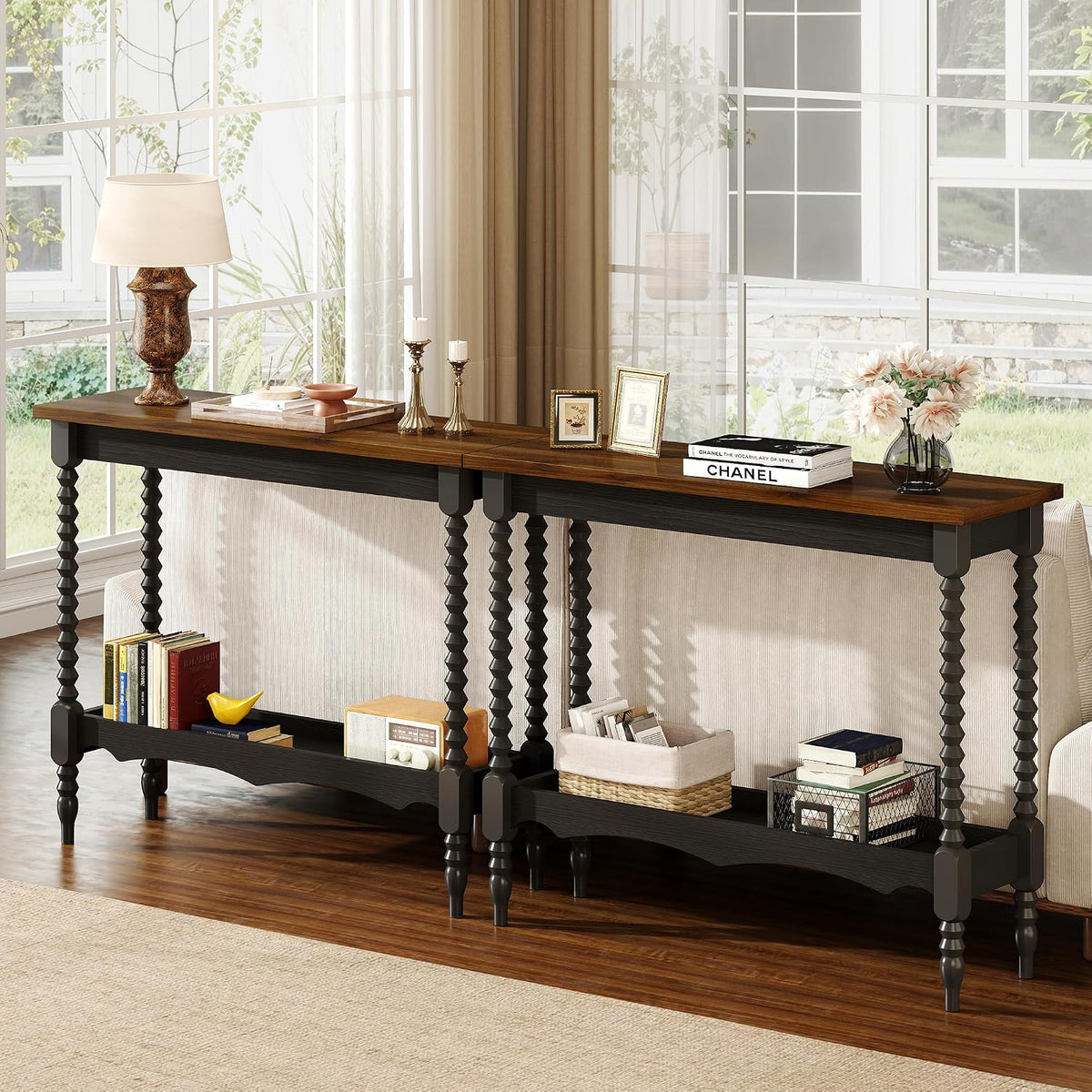 YOSHOOT 2-Tier Console Table, Entryway Table with 2 Shelves, Sofa Table for Living Room, Hallway,Black Brown