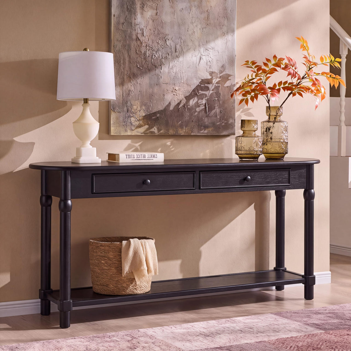 Merax 59.5" Console Table with 2 Drawers and Shelf, Walnut