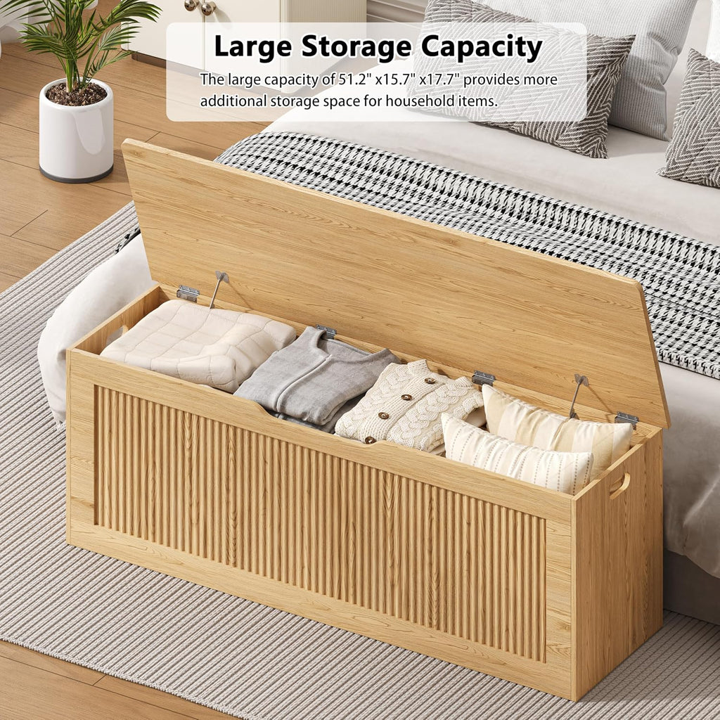 Akxomel 51.2" Fluted Storage Chest Wooden Storage Trunk 2 Safety Hinges Oak