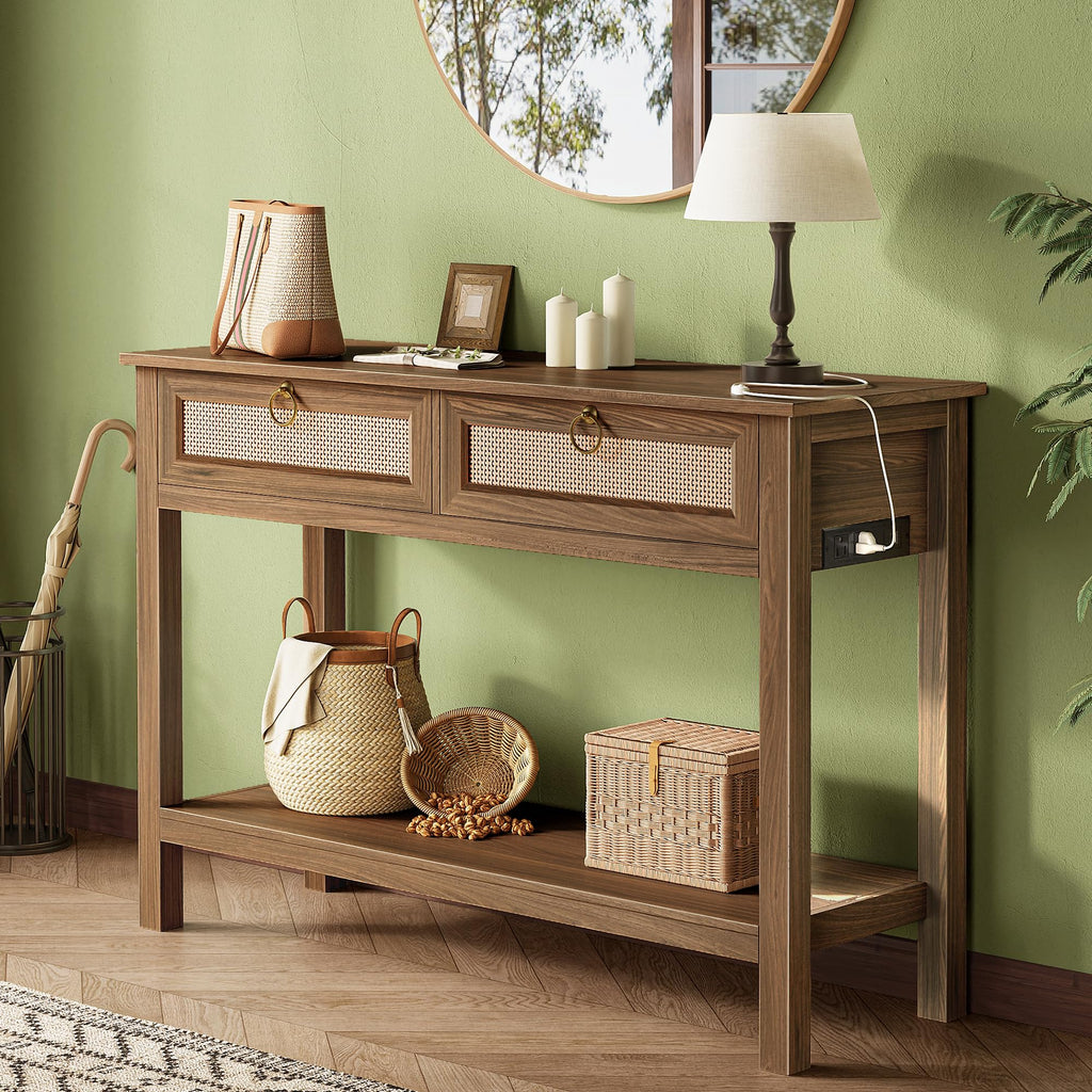 SUPERJARE Rattan Console Sofa Table with Outlets, USB-C Port and 3 Drawers