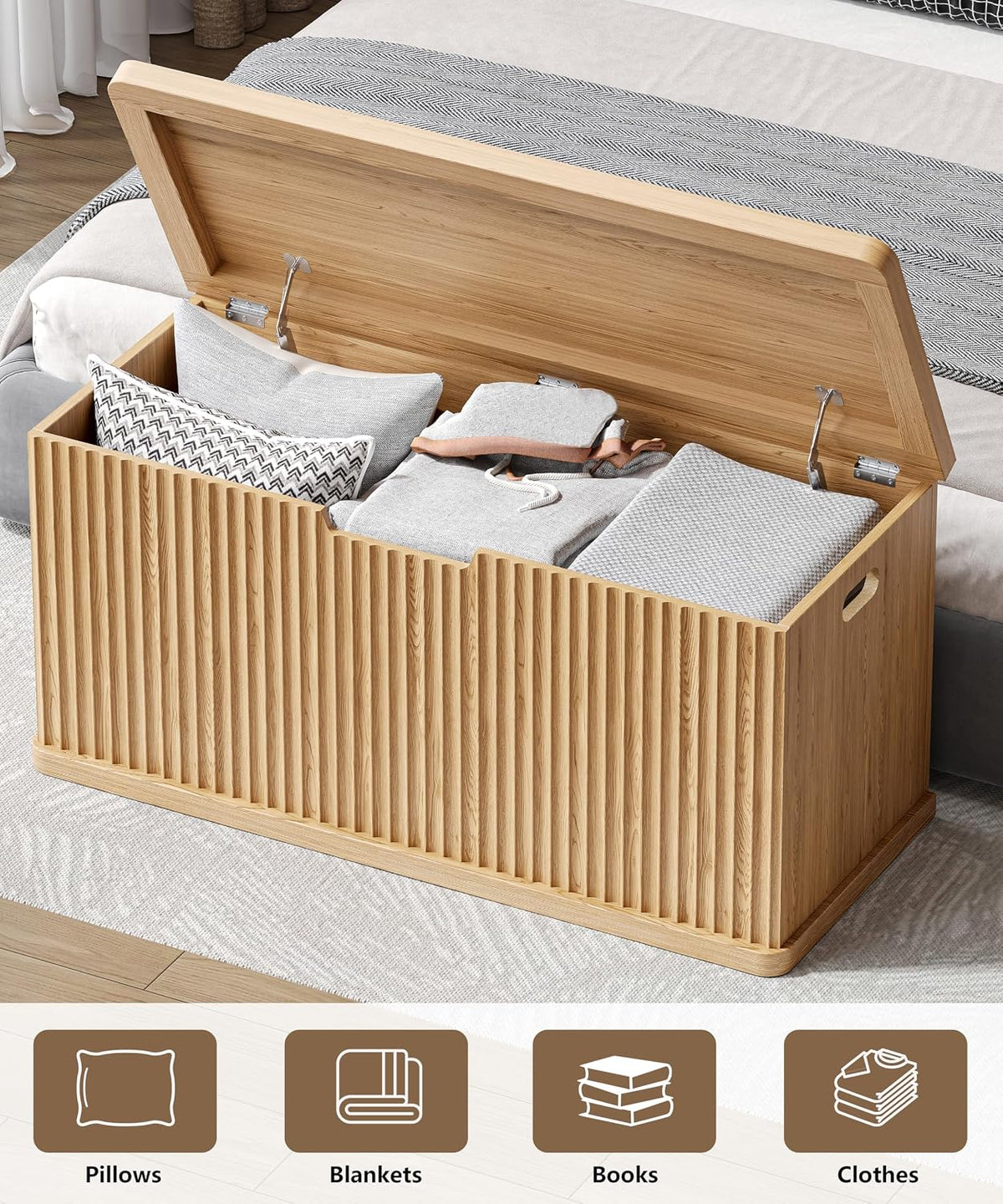 Akxomel 37.4" Fluted Storage Chest Wooden Storage Trunk 2 Safety Hinges Oak