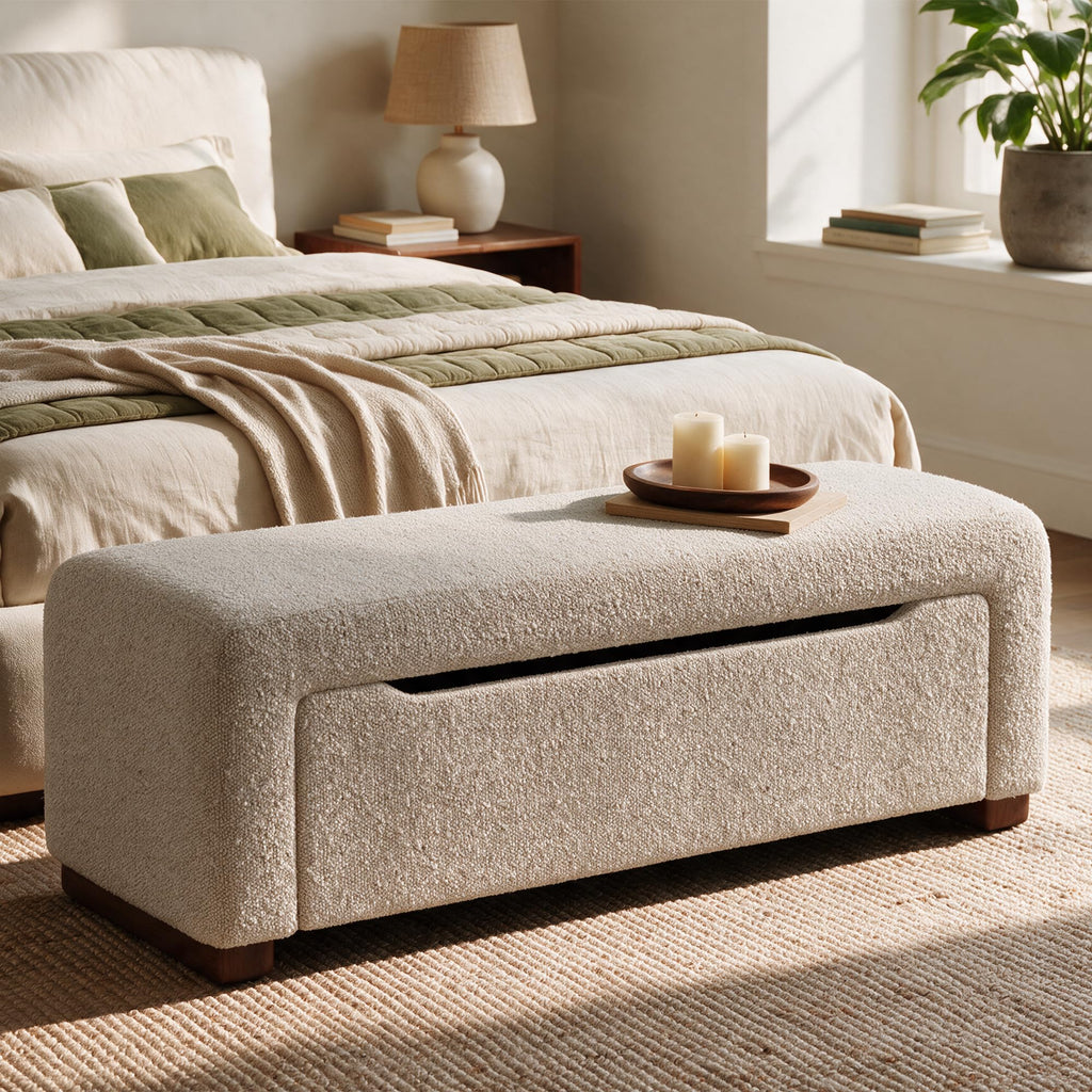 47.2" Upholstered Storage Bench for Bedroom, Boucle-Style End of Bed Bench with Hidden 25.7 Gallon Storage, Soft Textured Woven Ottoman Bench, Camel