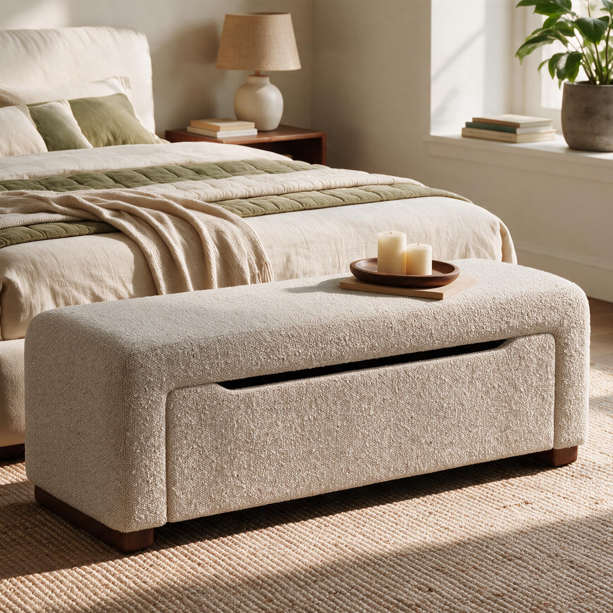 47.2" Upholstered Storage Bench for Bedroom, Boucle-Style End of Bed Bench with Hidden 25.7 Gallon Storage, Soft Textured Woven Ottoman Bench, Camel