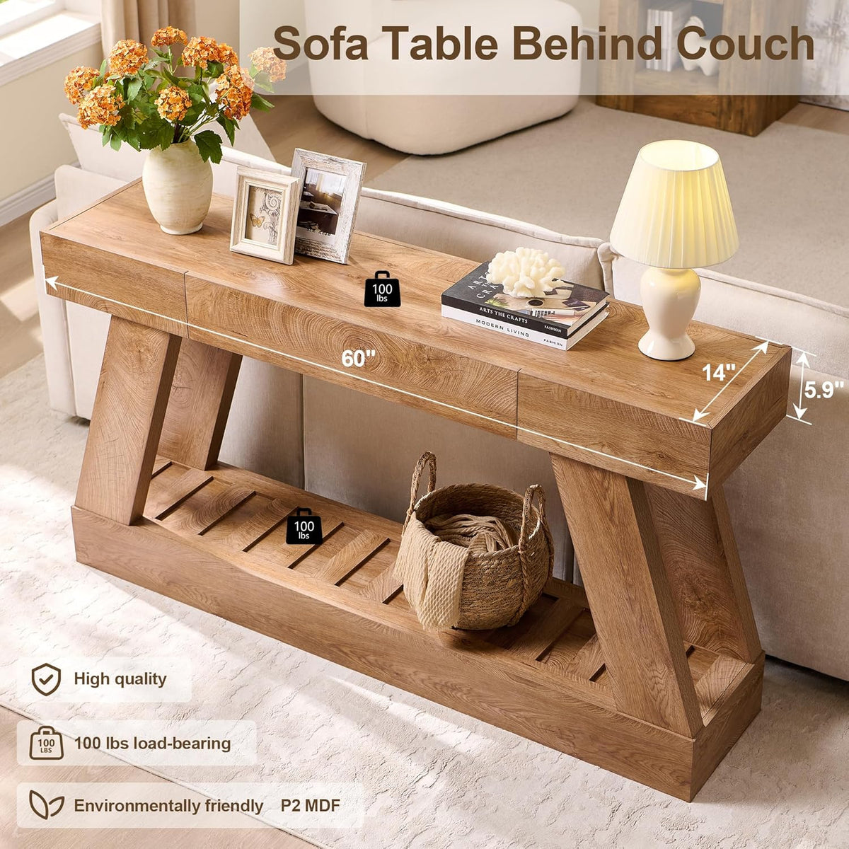 60" Entryway Table with Drawer Wooden Hallway Table with Heavy Duty Base