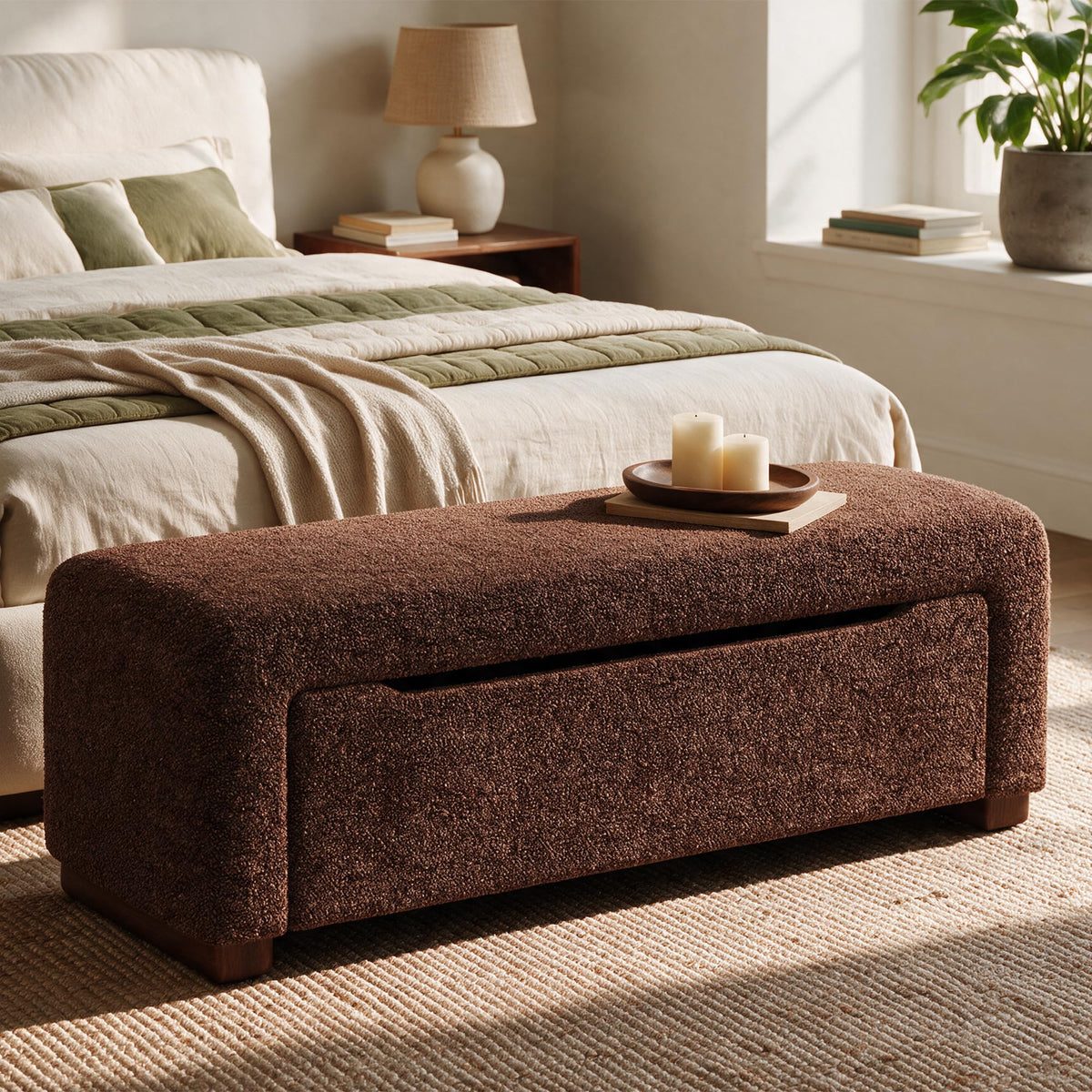 47.2" Upholstered Storage Bench for Bedroom, Boucle-Style End of Bed Bench with Hidden 25.7 Gallon Storage, Soft Textured Woven Ottoman Bench, Camel