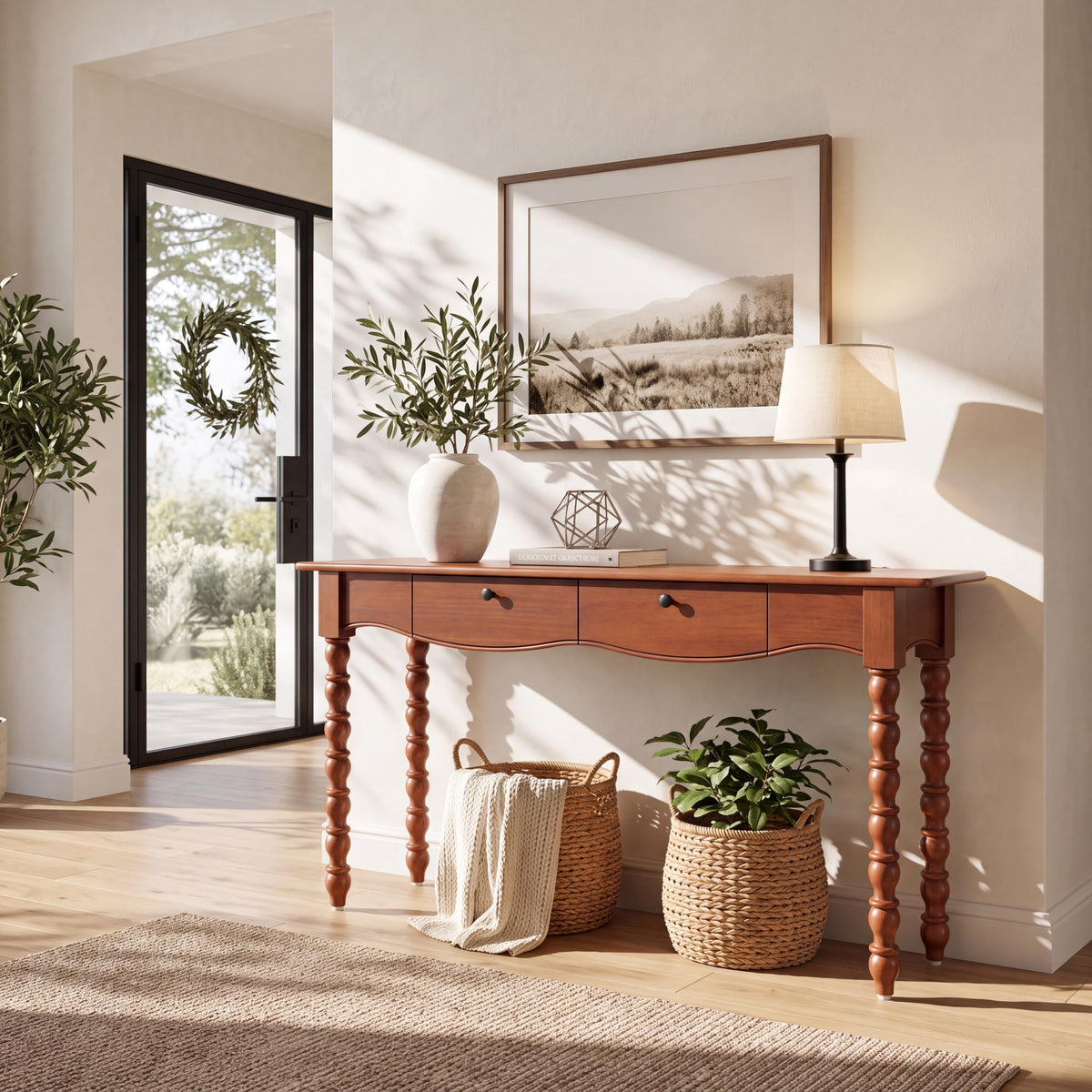 Merax 59.5" Console Table with 2 Drawers and Shelf, Walnut