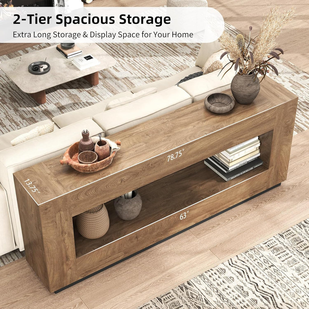 Epecoya 78 Inch 2-Tier Extra Long Console Table, Oak Brown Wood Sofa Table
