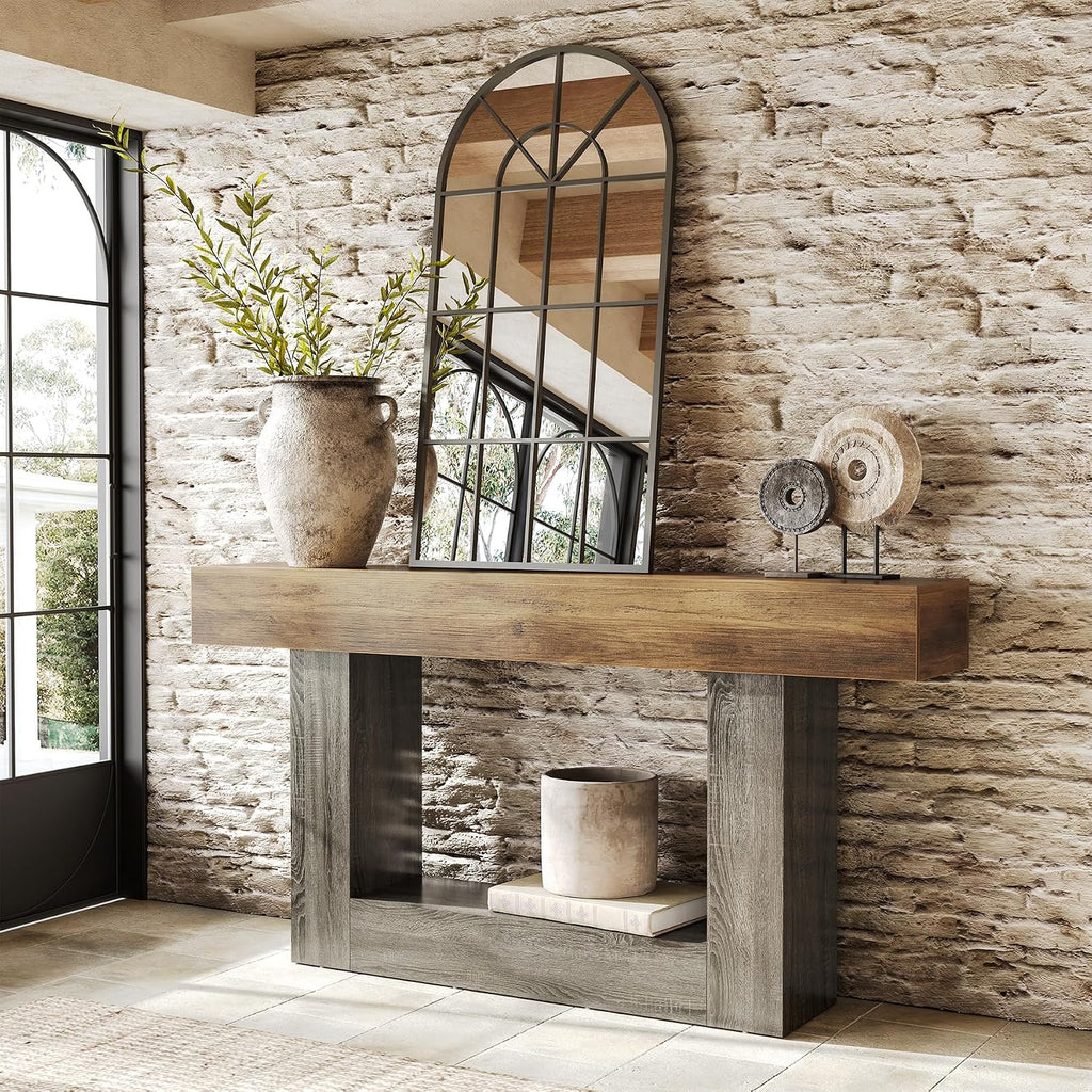 LITTLE TREE 63 Inches Long Console Table, 2-Tier Farmhouse Sofa Table Behind Couch, Large Narrow Entryway Table for Living Room, Wooden Hallway Foyer Table with Heavy Duty Base, Rustic Brown and Grey