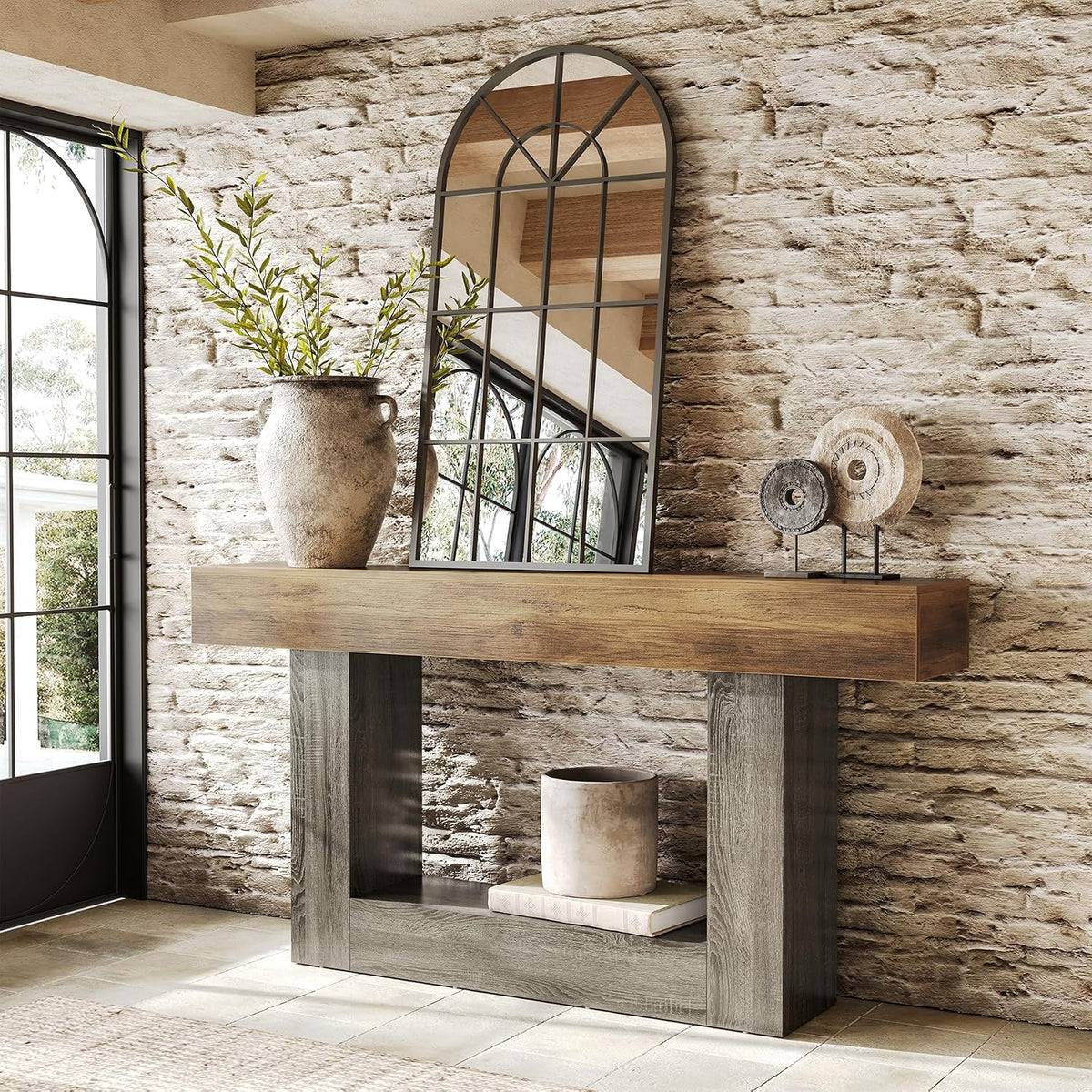 LITTLE TREE 63 Inches Long Console Table, 2-Tier Farmhouse Sofa Table Behind Couch, Large Narrow Entryway Table for Living Room, Wooden Hallway Foyer Table with Heavy Duty Base, Rustic Brown and Grey