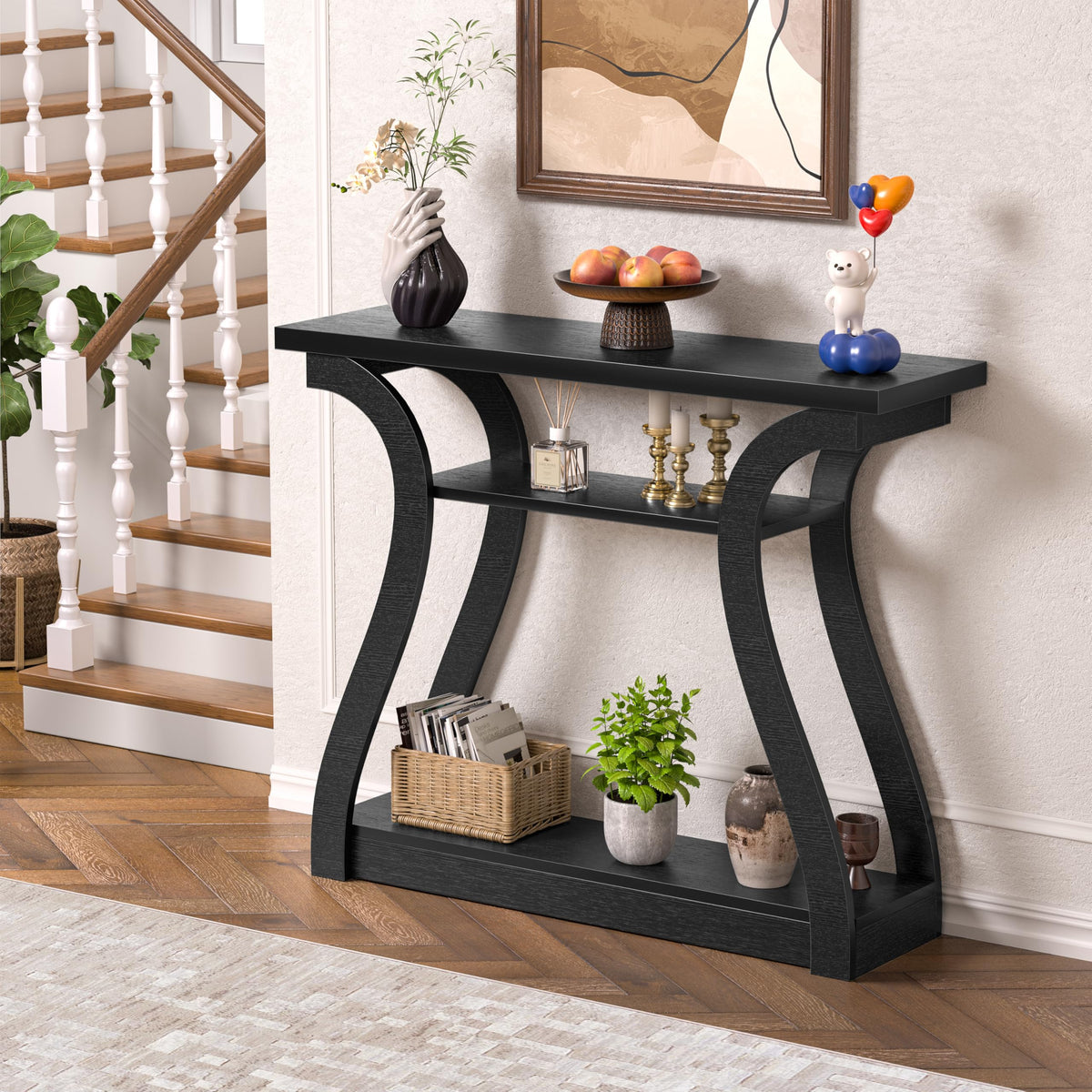 Wood Console Table, 3-Tier Accent Sofa Table (Black)