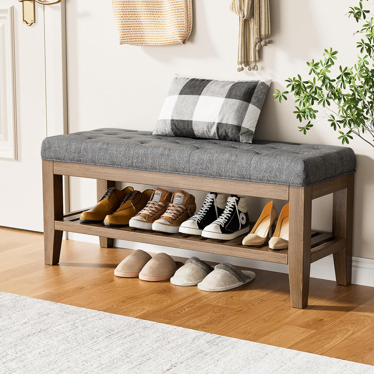 YaFiti End of Bed Storage Bench, 42.9" Entryway Shoe Bench with Solid Wood Shelf, Upholstered Ottoman with Padded Seat for Bedroom, Hallway and Lining Room, Dark Gray