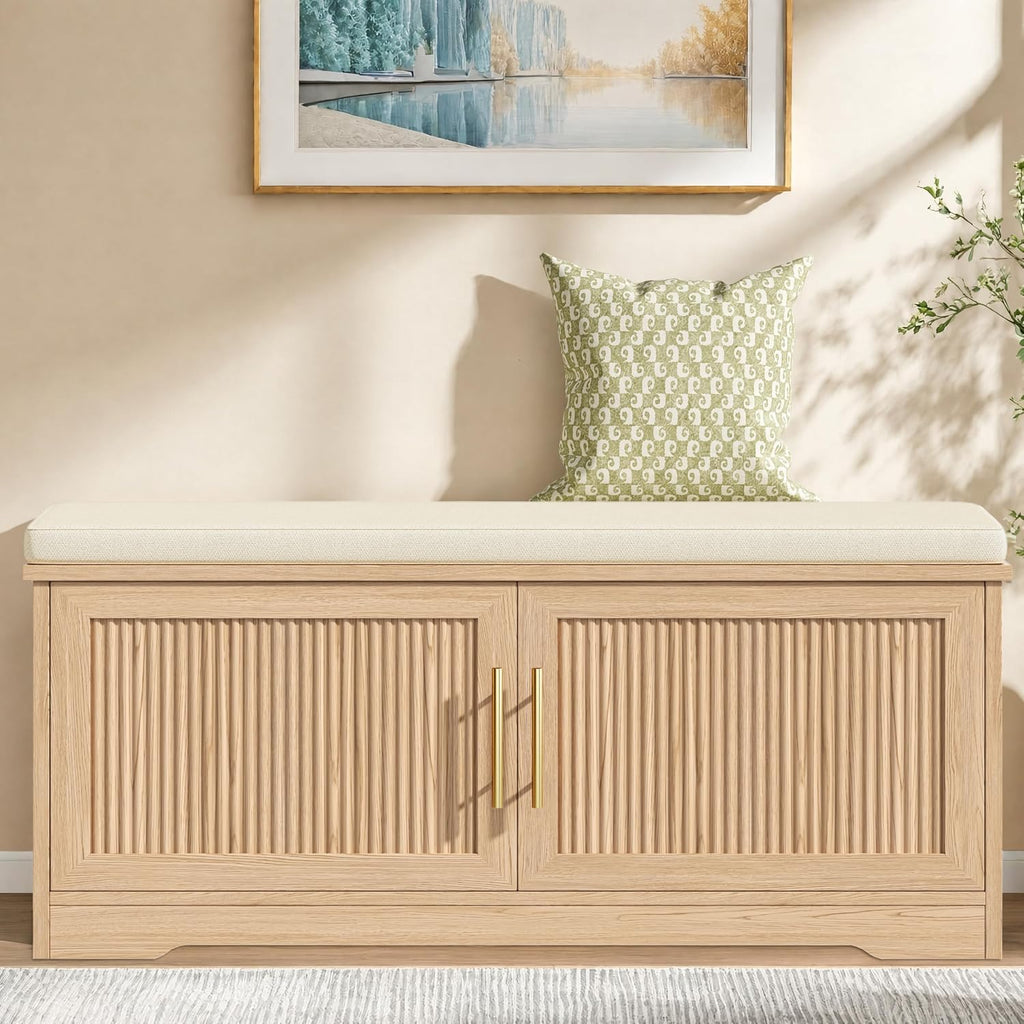 Keehusux 39.4" Fluted Shoe Storage Bench with Seat Cushion, Natural Oak