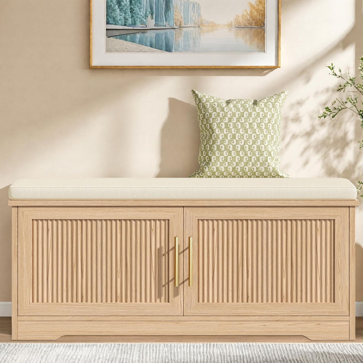 Keehusux 39.4" Fluted Shoe Storage Bench with Seat Cushion, Natural Oak