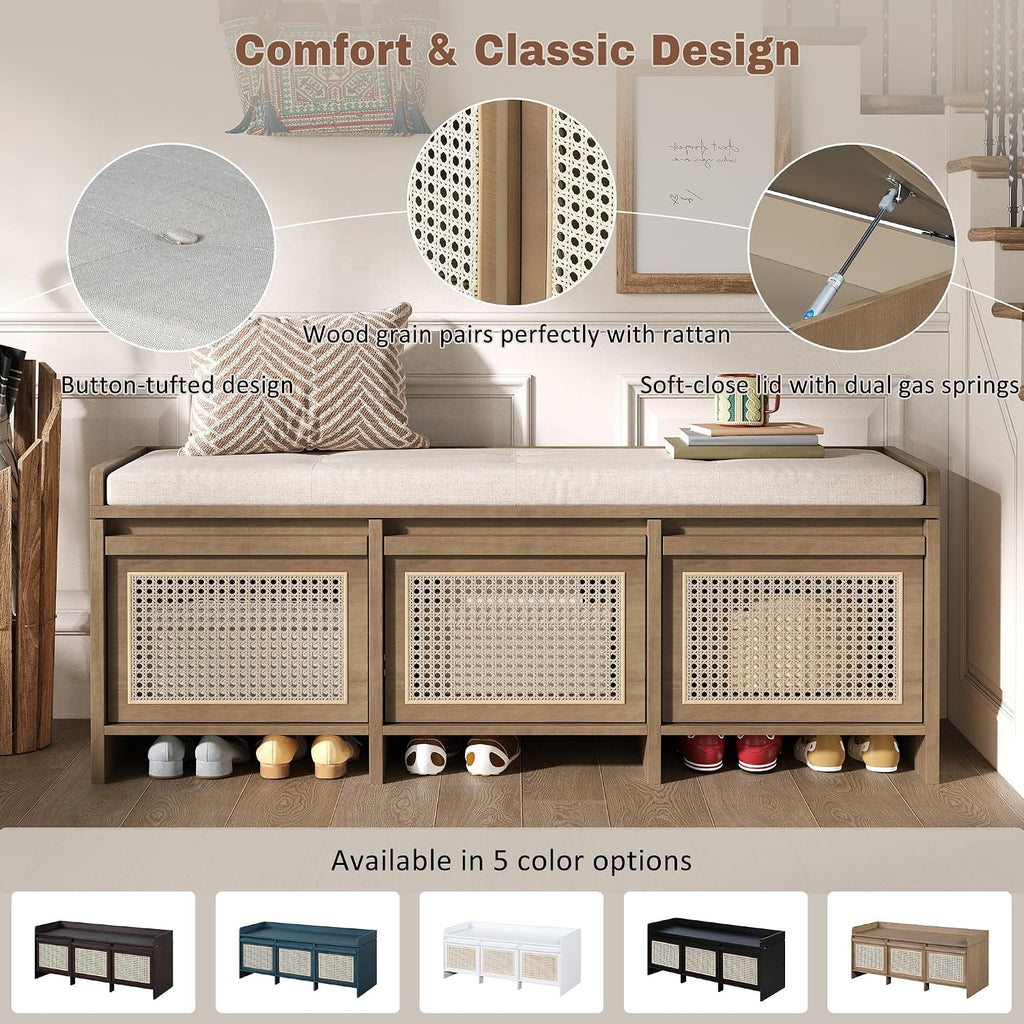 48" Entryway Storage Bench with 3 Rattan Drawers，Natural