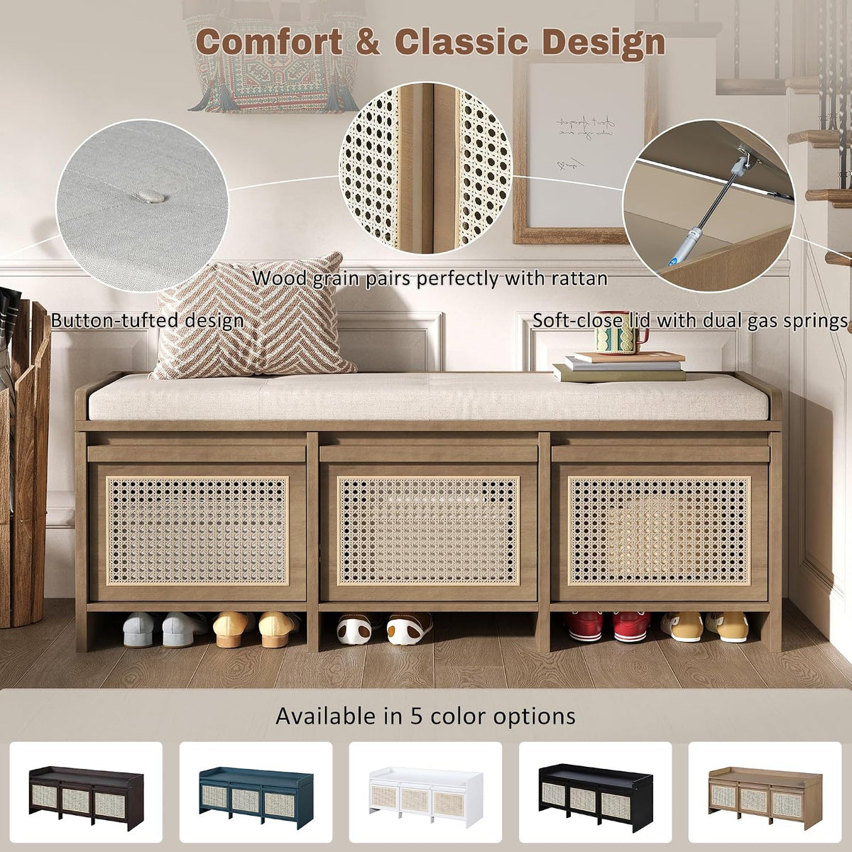 48" Entryway Storage Bench with 3 Rattan Drawers，Natural