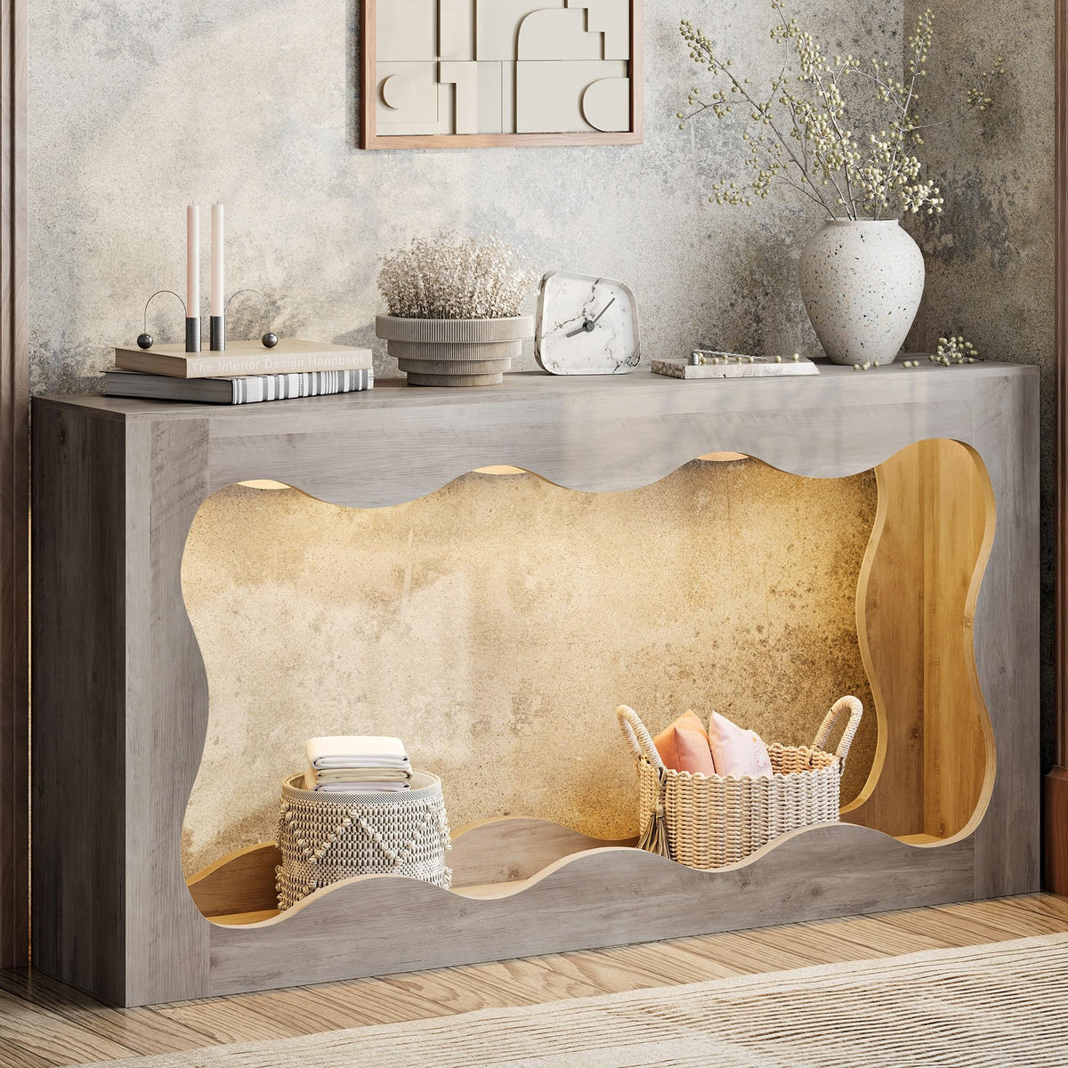 Shintenchi 63" Farmhouse Console Table with Storage & LED Light, Brown