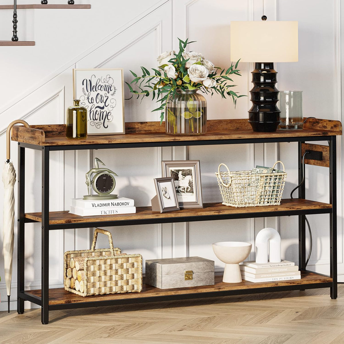 IRONCK Console Table with Power Outlet, One Piece Top, Sofa Table 55"