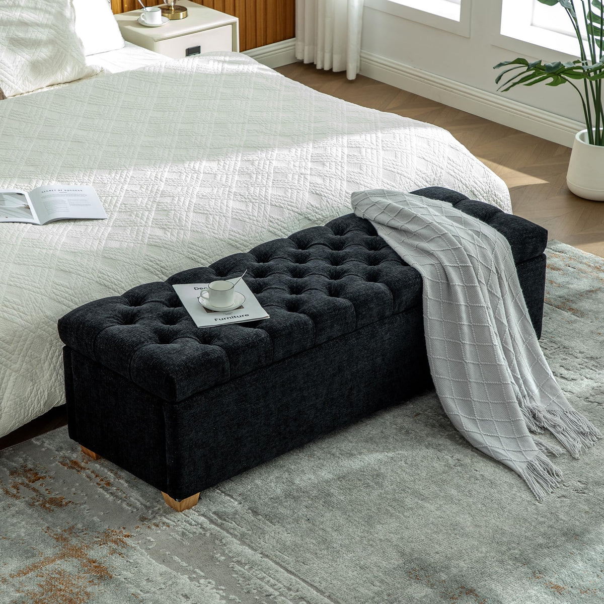 60.2" Storage Bench, End of Bed Storage Benches, Chenille Fabric Upholstered Ottoman Bench with Safety Hinge for Living Room Entryway Bedroom Hallway