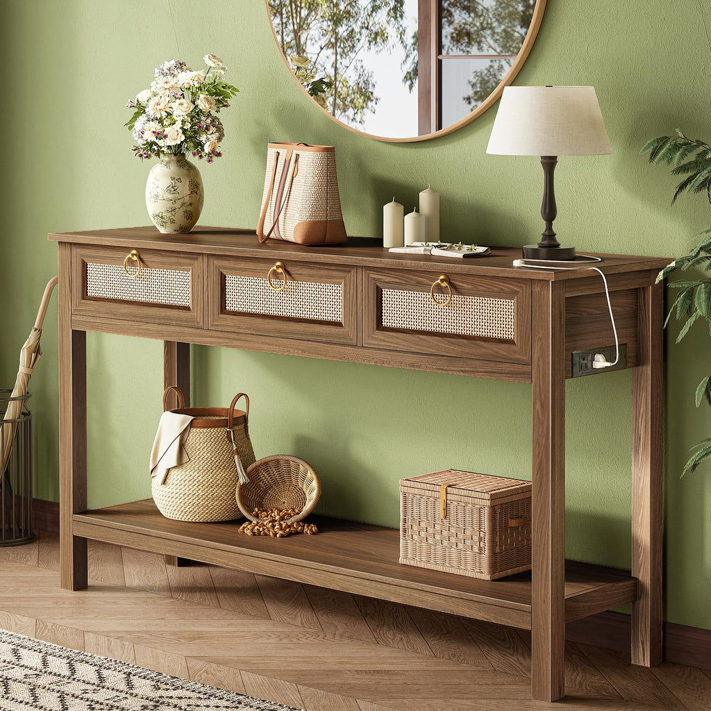 SUPERJARE Rattan Console Sofa Table with Outlets, USB-C Port and 3 Drawers